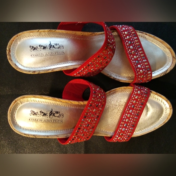 Coach & Four -NWT Cork Wedge Sandal, Two Red Fabric Straps Accented W/Gold Accen - Picture 7 of 10